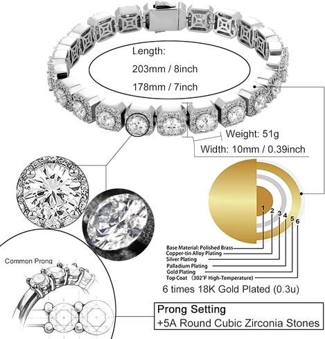 YOSZO Mens Bracelet 10MM Tennis Bracelets for Women 18K Gold Plated Iced Out CZ 1 Row Diamond Tennis Chain Silver Bracelet Gift in Saudi Arabia