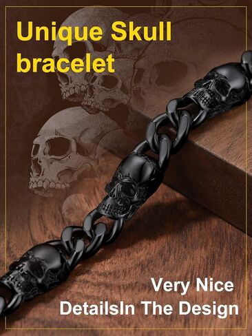 ChainsProMax Men Cuban Link Bracelet Skull Bracelets, 7.5"-9" Inches, Stainless Steel/Gold Plated/Black-Send Gift Box in Kuwait