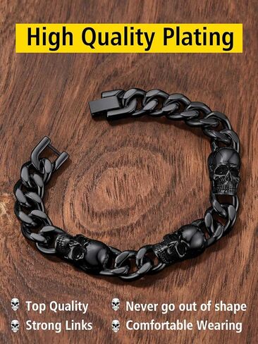 ChainsProMax Men Cuban Link Bracelet Skull Bracelets, 7.5"-9" Inches, Stainless Steel/Gold Plated/Black-Send Gift Box in Kuwait