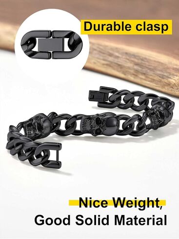 ChainsProMax Men Cuban Link Bracelet Skull Bracelets, 7.5"-9" Inches, Stainless Steel/Gold Plated/Black-Send Gift Box in Kuwait