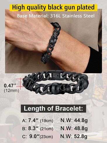 ChainsProMax Men Cuban Link Bracelet Skull Bracelets, 7.5"-9" Inches, Stainless Steel/Gold Plated/Black-Send Gift Box in Kuwait