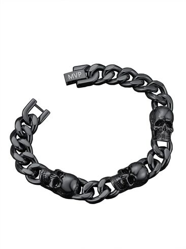 ChainsProMax Men Cuban Link Bracelet Skull Bracelets, 7.5"-9" Inches, Stainless Steel/Gold Plated/Black-Send Gift Box in Kuwait