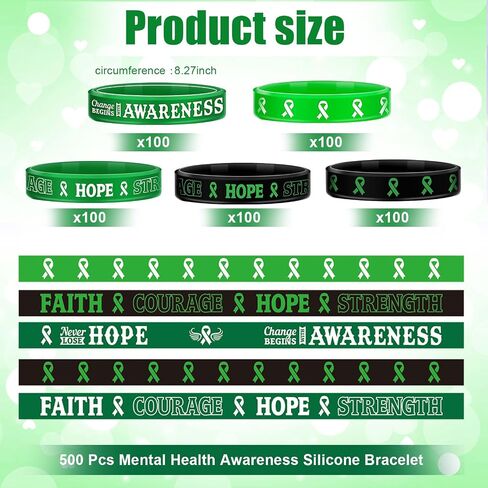 Sosation 500 Pcs Mental Health Awareness Silicone Bracelet Bulk with Saying Green Ribbon Wristbands Health Bracelet Mental Health Gifts Accessories for Men Women Patients Family in Saudi Arabia