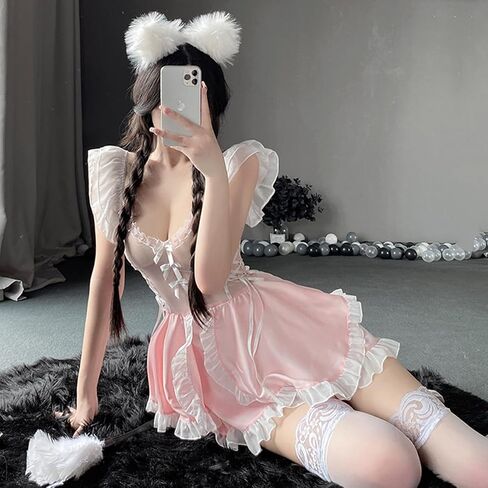 SNOMYRS Kawaii خادمة Oufit انظر من خلال أنيمي تأثيري الملابس الداخلية لطيف القط لوليتا فستان مثير الأرنب أزياء الهالوين in Kuwait