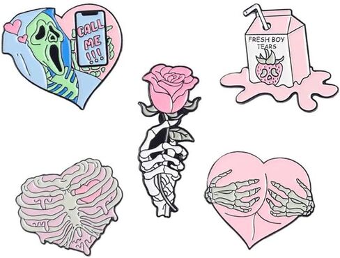 KUPOOL 5Pcs Cartoon Pink Skull Rose Heart Shape Metal Enamel Badge Fashion Pink Punk Enamel Pins Creative Call Me Brooches Lapel Badges Gothic Fun Jewelry Gift for Friends in Saudi Arabia