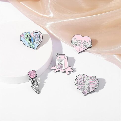 KUPOOL 5Pcs Cartoon Pink Skull Rose Heart Shape Metal Enamel Badge Fashion Pink Punk Enamel Pins Creative Call Me Brooches Lapel Badges Gothic Fun Jewelry Gift for Friends in Saudi Arabia