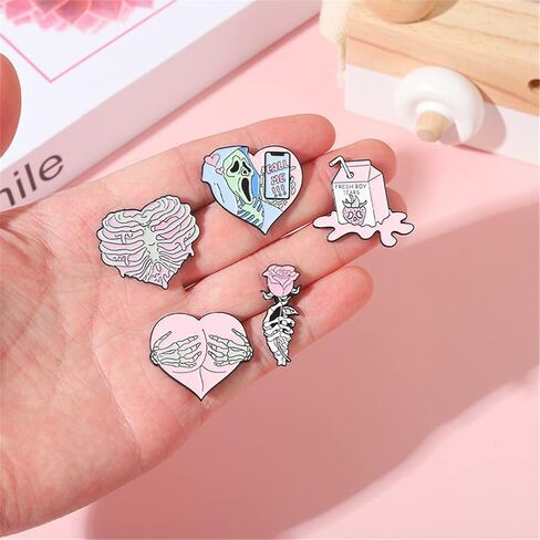KUPOOL 5Pcs Cartoon Pink Skull Rose Heart Shape Metal Enamel Badge Fashion Pink Punk Enamel Pins Creative Call Me Brooches Lapel Badges Gothic Fun Jewelry Gift for Friends in Saudi Arabia