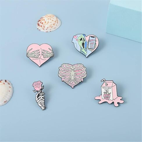 KUPOOL 5Pcs Cartoon Pink Skull Rose Heart Shape Metal Enamel Badge Fashion Pink Punk Enamel Pins Creative Call Me Brooches Lapel Badges Gothic Fun Jewelry Gift for Friends in Saudi Arabia