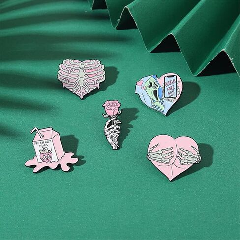 KUPOOL 5Pcs Cartoon Pink Skull Rose Heart Shape Metal Enamel Badge Fashion Pink Punk Enamel Pins Creative Call Me Brooches Lapel Badges Gothic Fun Jewelry Gift for Friends in Saudi Arabia