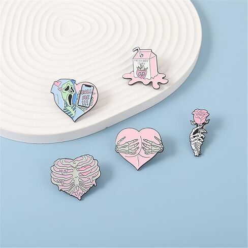 KUPOOL 5Pcs Cartoon Pink Skull Rose Heart Shape Metal Enamel Badge Fashion Pink Punk Enamel Pins Creative Call Me Brooches Lapel Badges Gothic Fun Jewelry Gift for Friends in Saudi Arabia