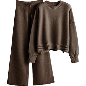 Athlisan Womens 2 Piece Outfits Sweater Sets Knit Loungewear Long Sleeve Pullover and Wide Leg Pants Lounge Sets(Brown-L) in Kuwait