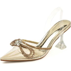 JENN ARDOR Women’s Heels for Bride Sparkly Low Heels Slingback Pumps 3.4 inch Clear Kitten Heels Wedding with Rhinestones Bow Pumps Pointed Toe Sandals Dress Shoes for Prom Party Dating in Saudi Arabia