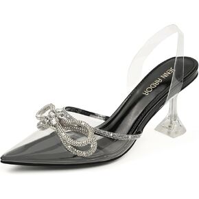 JENN ARDOR Women's Clear Heels Pointed Toe Kitten Heel Bow Pumps Rhinestone Strap Slingback Wedding Party Dress Shoes