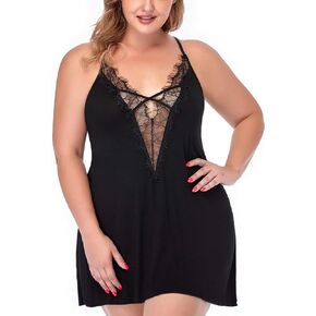 Women's Sexy Lingerie Plus Size Deep V Sleepwear Lace Trim Nightgown V-Neck Babydoll Chemise in Kuwait