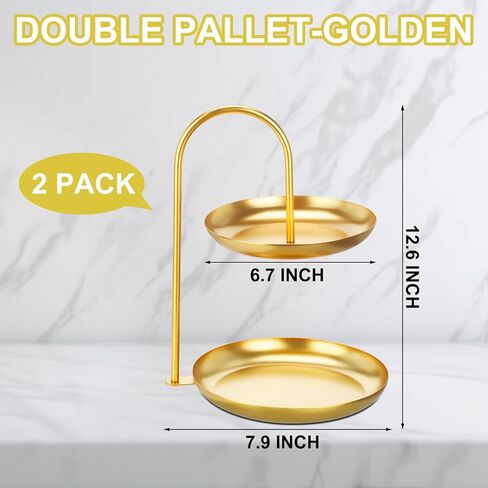 Maxcheck 2 قطعة حامل قلادة مجوهرات حامل عرض موقف، 2 الطبقة الذهب منضدية برج منظم المجوهرات مع صينية تخزين مستديرة برج منظم المجوهرات لعرض المجوهرات والأساور والقلائد والأقراط in Kuwait