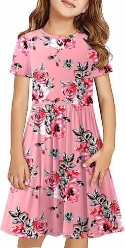 KYMIDY Girls Short Sleeve Floral Dress Kids Boho Casual Twirly Skater Dress with Pockets for Girls 6-13 Years in Kuwait