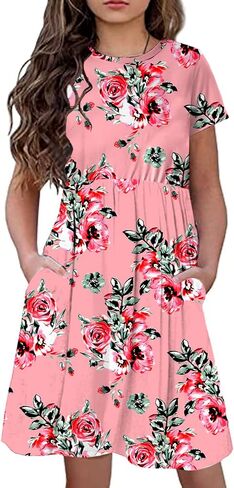 KYMIDY Girls Short Sleeve Floral Dress Kids Boho Casual Twirly Skater Dress with Pockets for Girls 6-13 Years in Kuwait