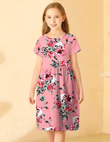 KYMIDY Girls Short Sleeve Floral Dress Kids Boho Casual Twirly Skater Dress with Pockets for Girls 6-13 Years in Kuwait