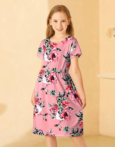 KYMIDY Girls Short Sleeve Floral Dress Kids Boho Casual Twirly Skater Dress with Pockets for Girls 6-13 Years in Kuwait