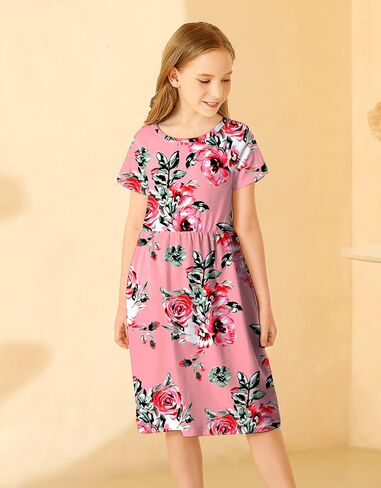 KYMIDY Girls Short Sleeve Floral Dress Kids Boho Casual Twirly Skater Dress with Pockets for Girls 6-13 Years in Kuwait