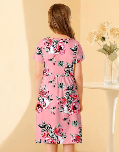 KYMIDY Girls Short Sleeve Floral Dress Kids Boho Casual Twirly Skater Dress with Pockets for Girls 6-13 Years in Kuwait