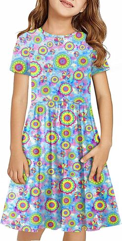 KYMIDY Girls Short Sleeve Floral Dress Kids Boho Casual Twirly Skater Dress with Pockets for Girls 6-13 Years in Kuwait