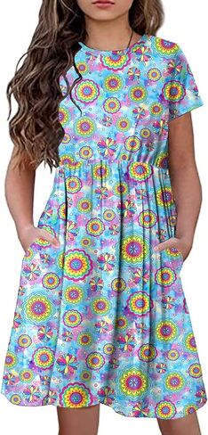 KYMIDY Girls Short Sleeve Floral Dress Kids Boho Casual Twirly Skater Dress with Pockets for Girls 6-13 Years in Kuwait