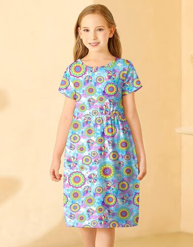 KYMIDY Girls Short Sleeve Floral Dress Kids Boho Casual Twirly Skater Dress with Pockets for Girls 6-13 Years in Kuwait