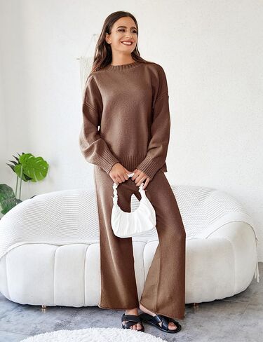 Athlisan Womens 2 Piece Outfits Sweater Sets Knit Loungewear Long Sleeve Pullover and Wide Leg Pants Lounge Sets(Brown-L) in Kuwait