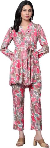ملابس صيفية للسيدات من Bani مكونة من قطعتين، طقم متناسق مع بنطال وتونيك علوي مع حزام خصر، طقم هندي سادة بأكمام كاملة in Kuwait