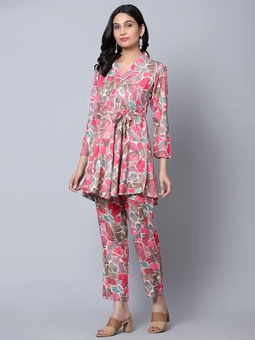 ملابس صيفية للسيدات من Bani مكونة من قطعتين، طقم متناسق مع بنطال وتونيك علوي مع حزام خصر، طقم هندي سادة بأكمام كاملة in Kuwait