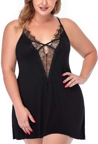 Women's Sexy Lingerie Plus Size Deep V Sleepwear Lace Trim Nightgown V-Neck Babydoll Chemise in Kuwait