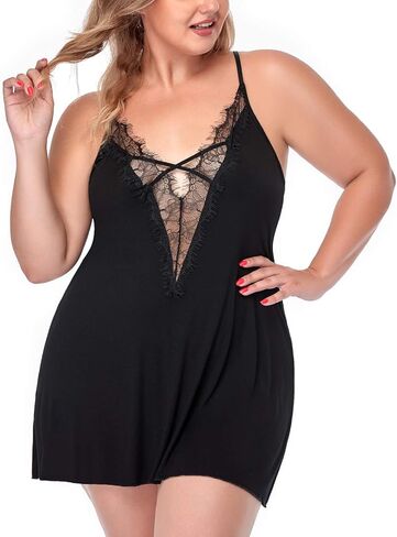 Women's Sexy Lingerie Plus Size Deep V Sleepwear Lace Trim Nightgown V-Neck Babydoll Chemise in Kuwait