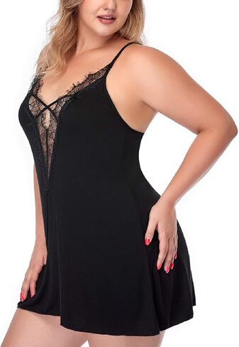 Women's Sexy Lingerie Plus Size Deep V Sleepwear Lace Trim Nightgown V-Neck Babydoll Chemise in Kuwait