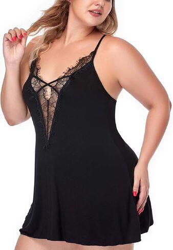 Women's Sexy Lingerie Plus Size Deep V Sleepwear Lace Trim Nightgown V-Neck Babydoll Chemise in Kuwait