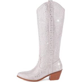 CSHO Women's Rhinestone Silver Gold Western Cowboy Boots, Side Zipper Knee High for Women Chunky Heels Cowgirl Boots