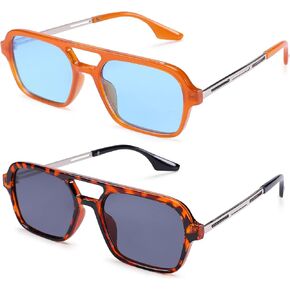COASION Vintage 70s Flat Aviator Small Frame Sunglasses for Women Men Square Metal Design UV400 Protection Shades