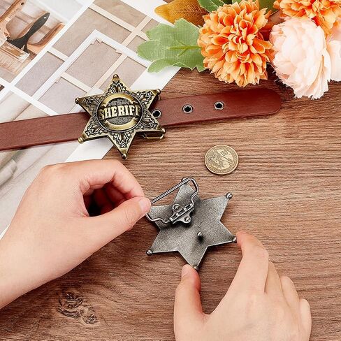 FINGERINSPIRE 2 Pcs Western Sheriff Star Belt Buckle Antique Bronze Silver Hexagram Sheriff Belt Buckle Alloy Retro Star Shape Belt Buckle for Men Vintage Metal Sash Buckle Cosplay Accessories, Gold, in Saudi Arabia