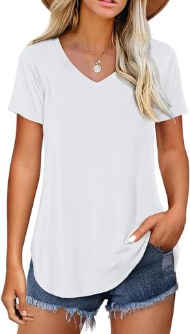 Amoretu Women V Neck T-Shirt Casual Short Sleeve Plain Tee Shirts Blouses in Saudi Arabia