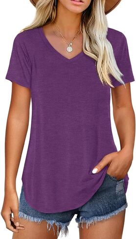 Amoretu Women V Neck T-Shirt Casual Short Sleeve Plain Tee Shirts Blouses in Saudi Arabia