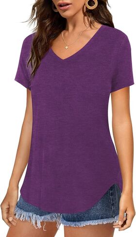 Amoretu Women V Neck T-Shirt Casual Short Sleeve Plain Tee Shirts Blouses in Saudi Arabia
