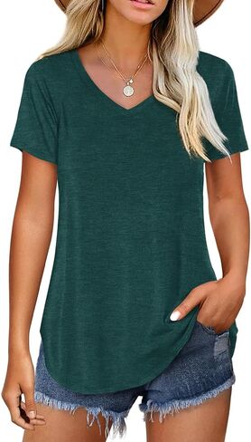 Amoretu Women V Neck T-Shirt Casual Short Sleeve Plain Tee Shirts Blouses in Saudi Arabia