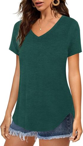 Amoretu Women V Neck T-Shirt Casual Short Sleeve Plain Tee Shirts Blouses in Saudi Arabia