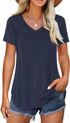 Amoretu Women V Neck T-Shirt Casual Short Sleeve Plain Tee Shirts Blouses in Saudi Arabia