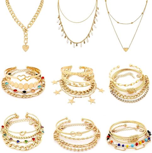 HaHaGirl Boho Gold Chain Bracelets Set for Women Girls Multiple Layered Necklace Open Cuff Wrap Bangle Adjustable Link Chian BraceletsJewelry for Women Girls Gift in Saudi Arabia