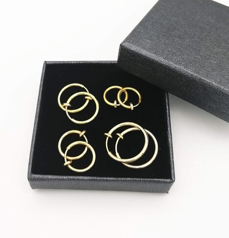LAXPICOL Clip On Earrings 4PCS Different Size Gold Silver Black Rose Gold Tone 0.43IN/0.51IN/0.59IN/0.70IN 4PCS Stainless Hoop Earrings for Women Girls No Piercing in Kuwait