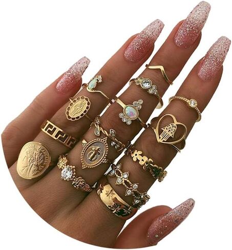 YOOESTORES82 15-19 Pieces Stackable Knuckle Ring Set.Vintage Gold Rhinestone Stacking Joint Ring Midi Finger Rings for Women Teen Girls (A) in Saudi Arabia