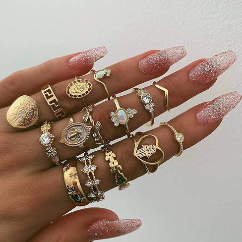 YOOESTORES82 15-19 Pieces Stackable Knuckle Ring Set.Vintage Gold Rhinestone Stacking Joint Ring Midi Finger Rings for Women Teen Girls (A) in Saudi Arabia