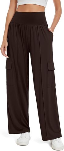 UEU السراويل البضائع النساء مع جيوب عالية الخصر واسعة الساق ركض السراويل عارضة صالة in Kuwait