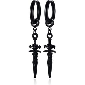 Men's Fashion Korea Style Stainless Steel Huggie Hinged Hoop Earrings with Long Chains Dangle Retro Feather Leaf Skull Awl for Men Women Boys in Kuwait